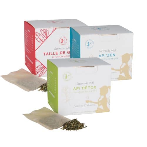 3 infusions - lot de 3 infusions - trois effets - bons effets - détox - digestion - minceur - taille de guê^pe - infusions - Produits naturels - Plantes - Secrets de Miel