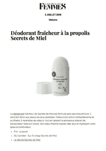 Déodorant à la propolis - Le journal des femmes - articles - Presse - on parle de nous - Secrets de Miel