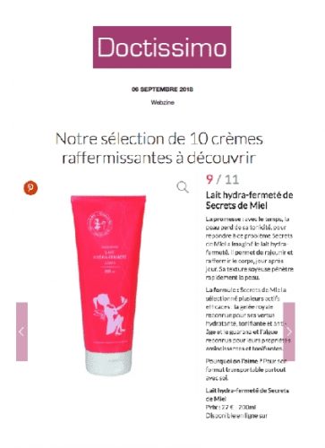 Lait hydra fermeté - doctissimo - on parle de nous - presse - article - secrets de miel