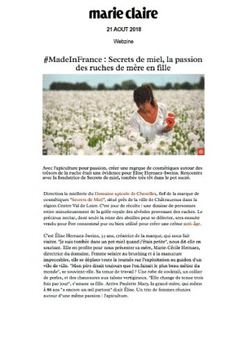 Elise Hernaez Iweins - Fondatrice - Entrepreneuse - Secrets de Miel - Marie Claire - Presse - artcile - parle de nous