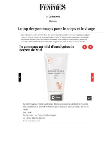 Soin exfoliant au miel d'eucalyptus - journal des femmes - presse - article - on parle de nous - secrets de miel