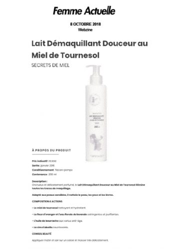 Lait démquillant - femme actuelle - presse - article - secrets de miel