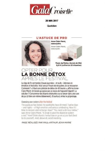 Infusion détox - presse - Gala croisette - article - on parle de nous - secrets de miel