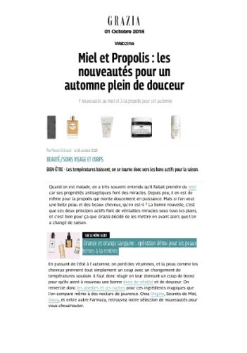 Exfoliant douceur au miel d'eucalyptus - grazia magazine - parle de nous - produit naturel - article de presse - secrets de miel